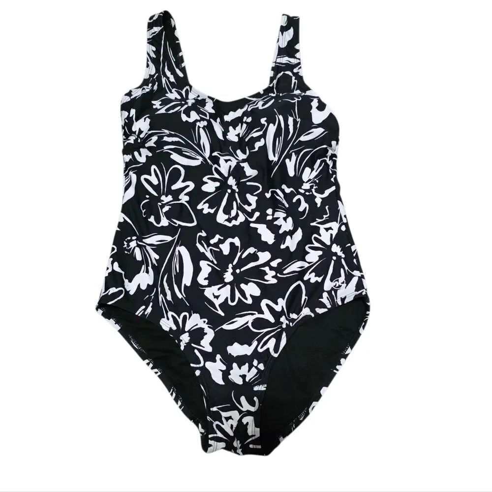 Hurley Black and White Floral One Piece Swimsuit with Wide Straps